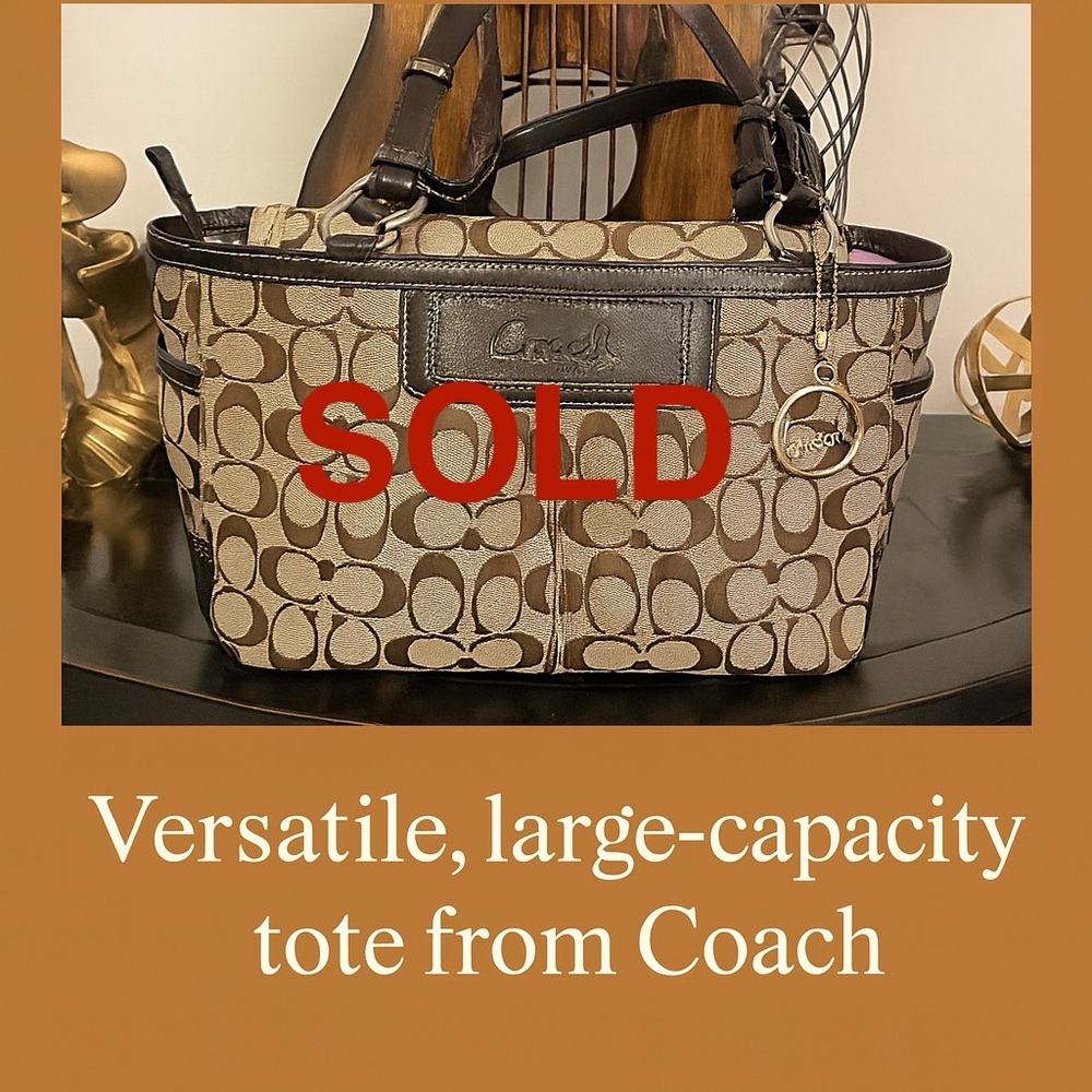 Coach Signature Brown & Tan Tote with Lilac Lining and Charm